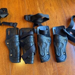 Lot Of 4 Vintage Black Western Plastic Kids Cap Gun Toy Tooled 9” Holsters &Belt